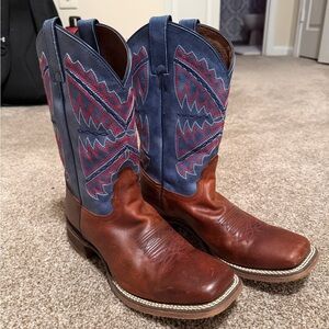 Nocona Western Boots with Brown Leather and Blue-Red Design